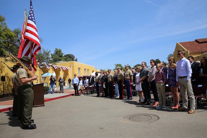 The Marine Corps Recruit Depot San Diego color guard presents the colors during a dedication ceremony for the late Jerry Coleman. The ceremony took place to celebrate the renaming of the MCRD San Diego field house to the Jerry Coleman Center. Coleman is the only major league player to see combat in two wars and was a long time San Diego Padres lead announcer. 