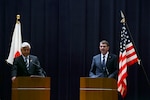 TOKYO, Japan (Apr. 8, 2015) - U.S. Defense Secretary Ash Carter participates in a joint news conference with Japanese Defense Minister Gen Nakatani at the Defense MinistrY. Carter is on a visit to the U.S. Pacific Command Area of Responsibility to make observations for the future force and the rebalance to the Pacific.  
