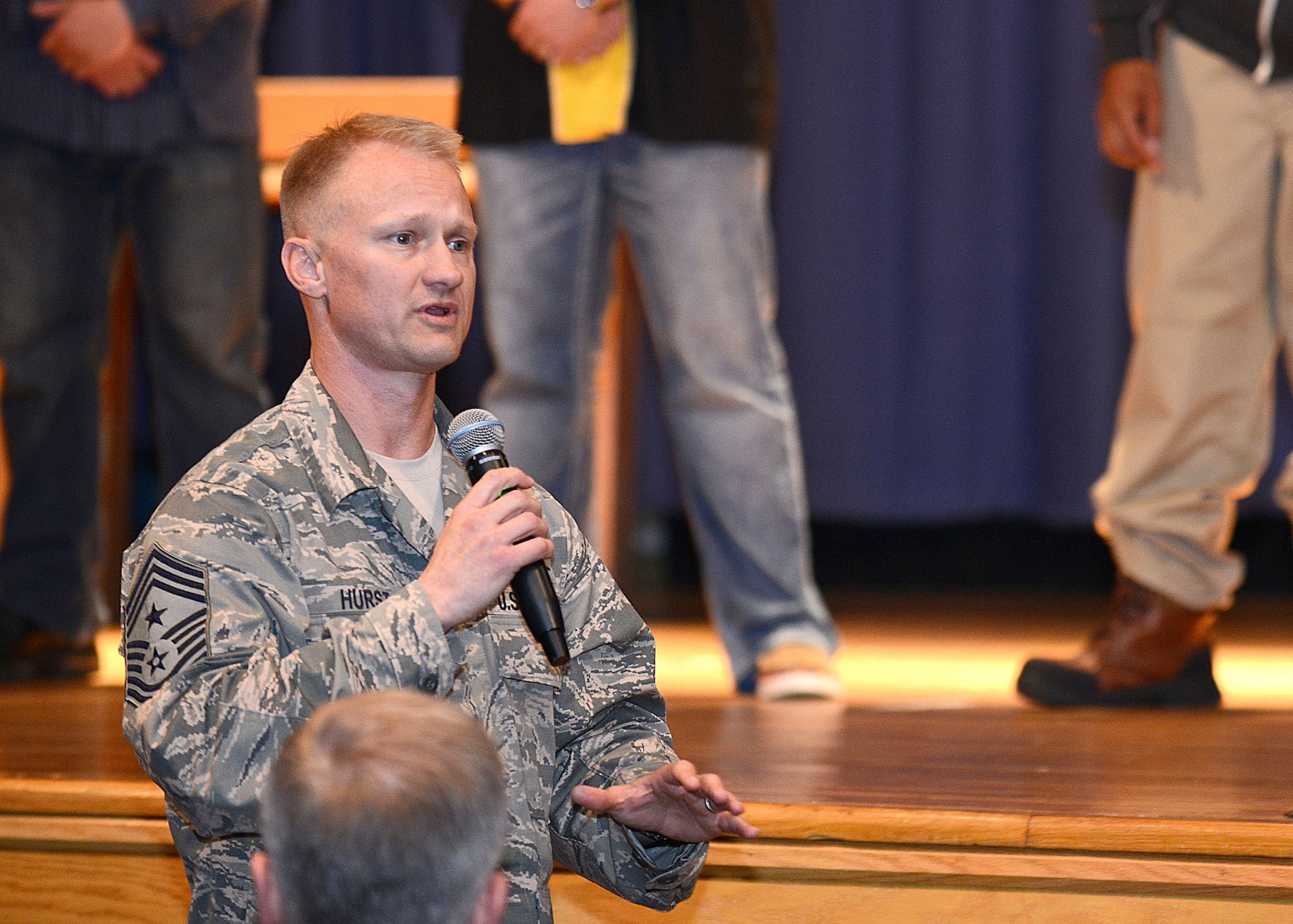 U.S. Air Force Chief Master Sgt. Mark Hurst, 633rd Air Base Wing command chief, speaks about sexual assault awareness after a performance from the Sexual Assault Theater Group at Langley Air Force Base, Va., April 8, 2015. Hurst emphasized the importance of sexual assault awareness and prevention, and the Air Force’s zero tolerance policy for sexual assault. (U.S. Air Force photo by Airman 1st Class Devin S. Michaels/Released)