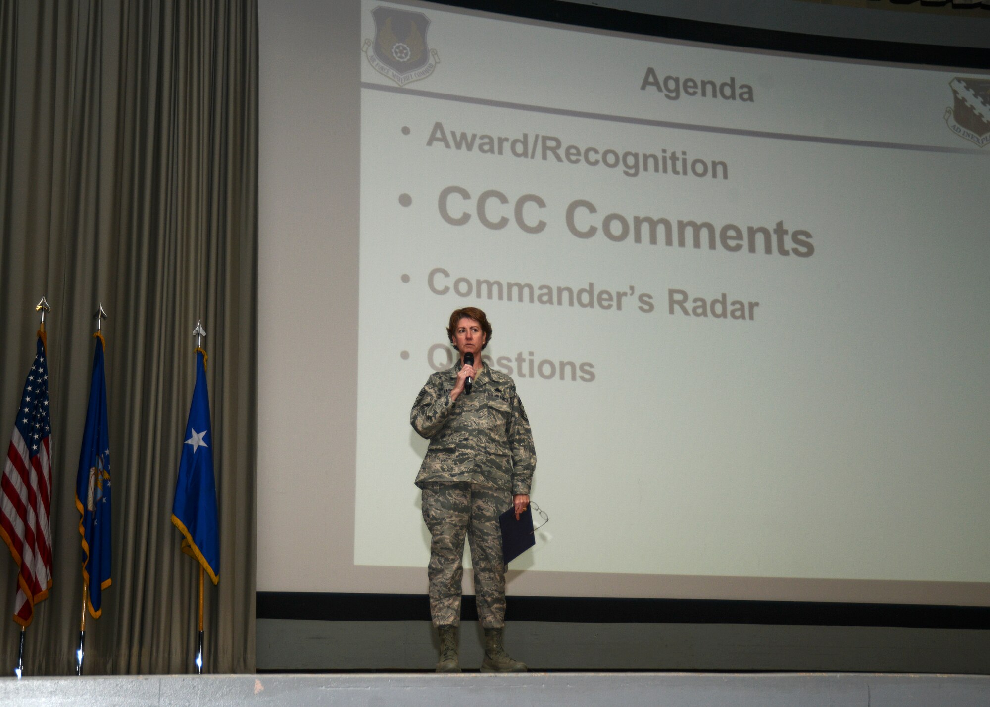 Chief Master Sgt. Andrea Gates shared the story of an unsung hero from the 96th Test Wing Operations Group at Nellis AFB, Nevada, during the Air Force Test Center commander’s call April 7. A developmental test parachutist jumped with his team from an HC-130J at 5,000 feet over a Nevada test training range in June 2014. What seemed to be a routine high-altitude, high opening jump, quickly went awry when his captain became entangled and was unable to release his chute. The test parachutist was able to keep him alive with emergency oxygen until the captain was MEDEVAC'd to a facility over 130 miles away. The captain survived because of the time critical decisions made by his unsung hero. (U.S. Air Force photo by Rebecca Amber)
