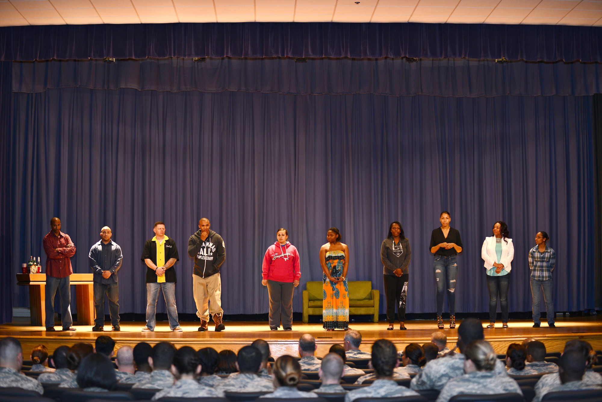 The Joint Base Langley-Eustis Sexual Assault Theater Group answers questions from the audience while remaining in character at Langley Air Force Base, Va., April 8, 2015. The group aims provide an alternative to sexual assault awareness briefings. (U.S. Air Force photo by Airman 1st Class Devin S. Michaels/Released)