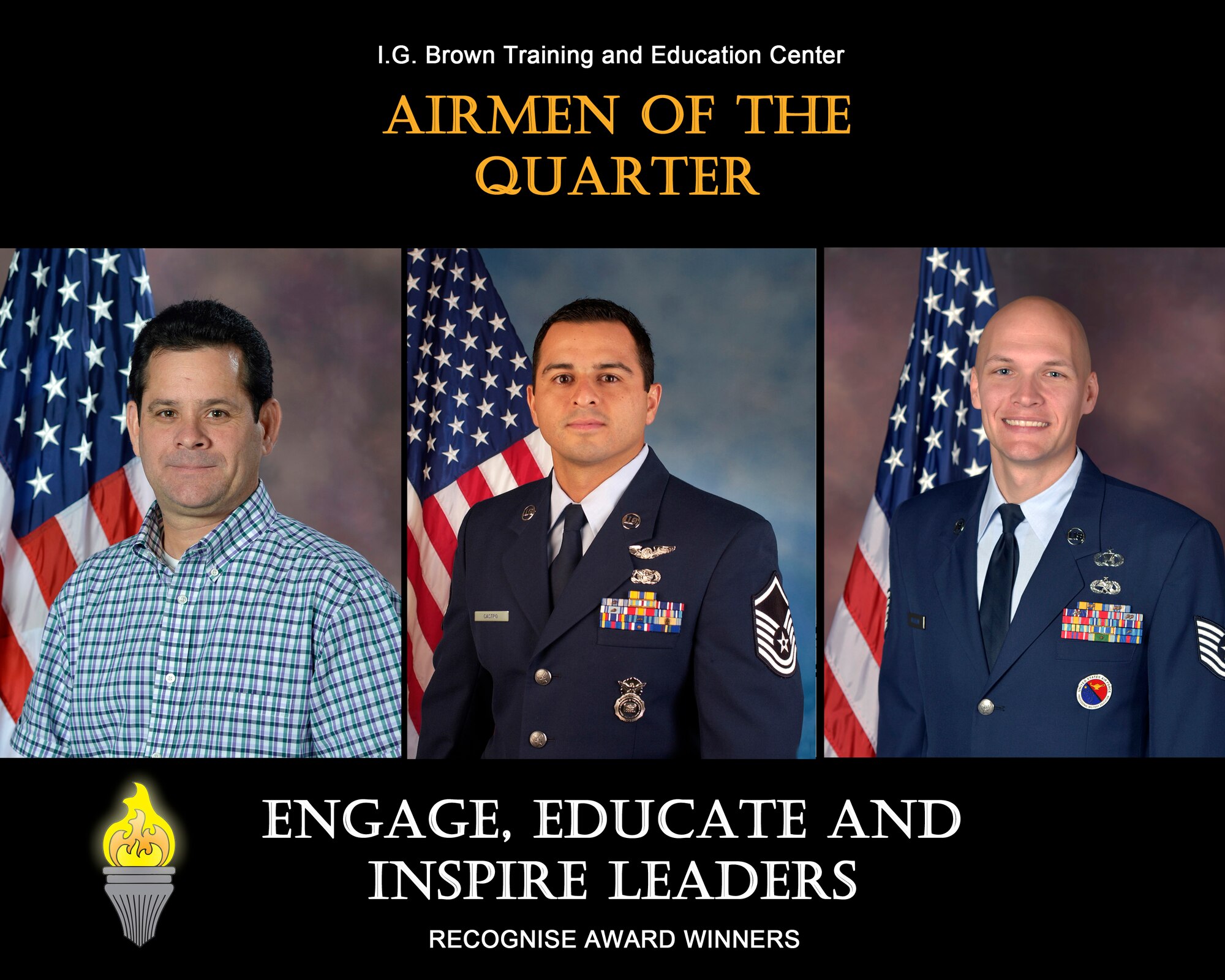 MCGHEE TYSON AIR NATIONAL GUARD BASE, Tenn. - From left, Ron Waite, civillian of the quarter, Master. Sgt. Juan P. Castro, senior NCO of the quarter, and Tech. Sgt. John McClean, NCO of the quarter, are recognised for their outstanding service at the I.G. Brown Training and Education Center here, January-March, 2015. (U.S. Air National Guard file photo illustration/Released)