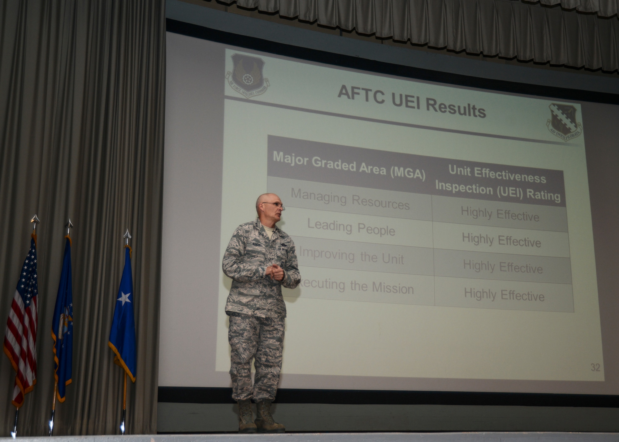 Maj. Gen. Arnold Bunch Jr., Air Force Test Center commander, gave his last commander's call April 7 in the base theater. Bunch will head to the Pentagon in June to serve as Military Deputy, Office of the Assistant Secretary of the Air Force for Acquisition. (U.S. Air Force photo by Rebecca Amber)