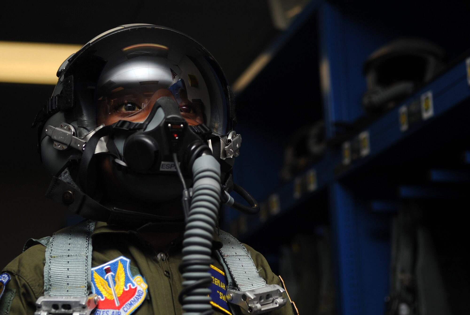 Jeremiah Seaberry, 334th Fighter Squadron pilot for a day, acclimates himself to full flight gear during a 4th Fighter Wing Pilot for a Day event, April 3, 2015, at Seymour Johnson Air Force Base, North Carolina. Jeremiah suffers from Sickle Cell Disease, a condition that results in abnormally shaped red blood cells.  (U.S. Air Force photo/Senior Airman Ashley J. Thum)