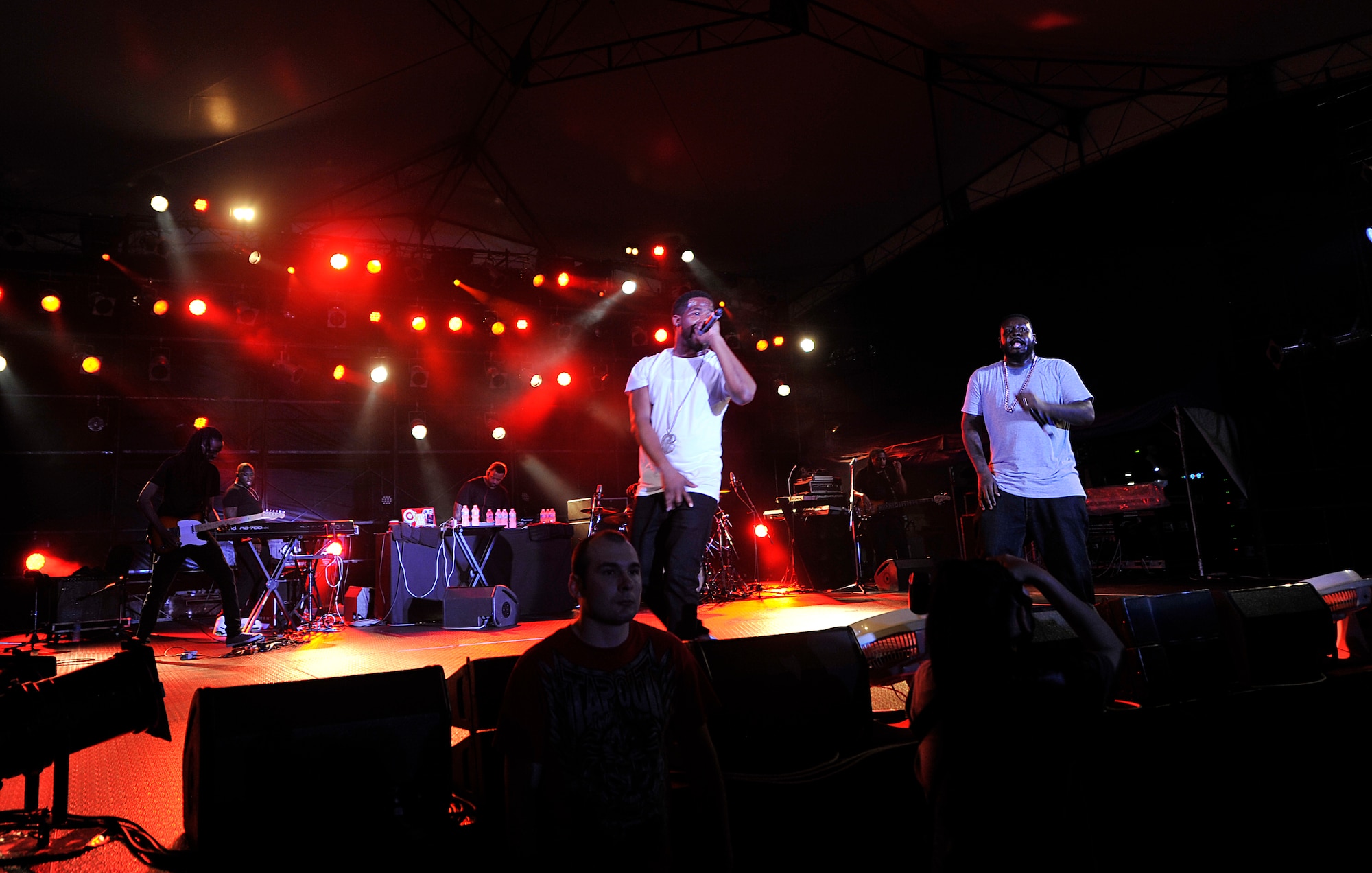 T-Pain, an American singer and rapper, and his band perform a variety of songs during his concert on Kadena Air Base, Japan, April 6, 2015. Audience members had a chance to meet and take photos with T-Pain after the show. T-Pain performed his songs at Kadena Air Base and Marine Corps Camp Foster while visiting Okinawa. (U.S. Air Force photo by Naoto Anazawa)
