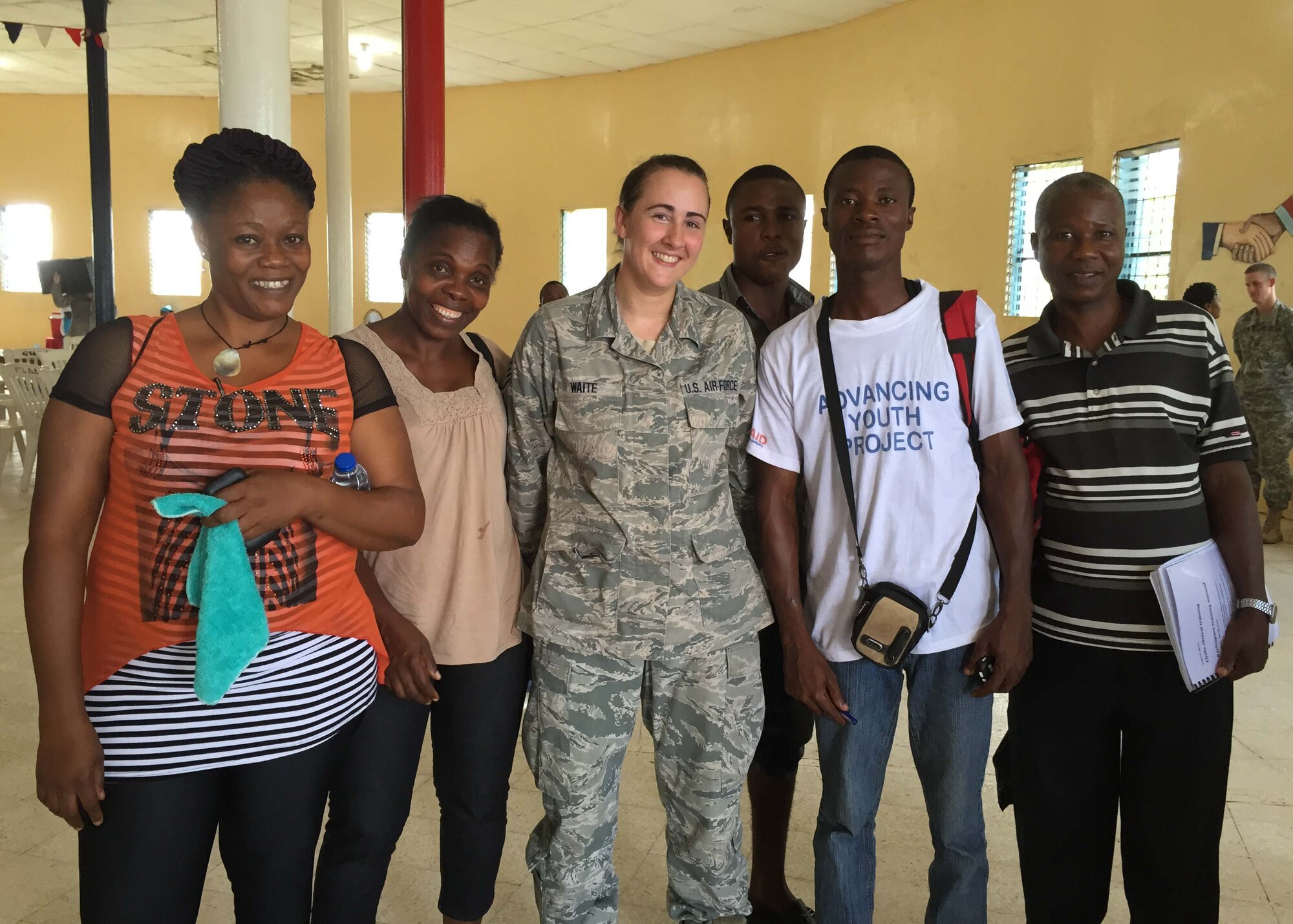 Staff Sgt. Alysha Waite, 59th Medical Wing dermatology medical technician, Joint Base San Antonio-Lackland, Texas, poses for a photo during a deployment to Liberia. Waite served as part of a 100-person team comprised of Air Force, Army and Navy service members from various health care professions and support functions throughout the country.
 