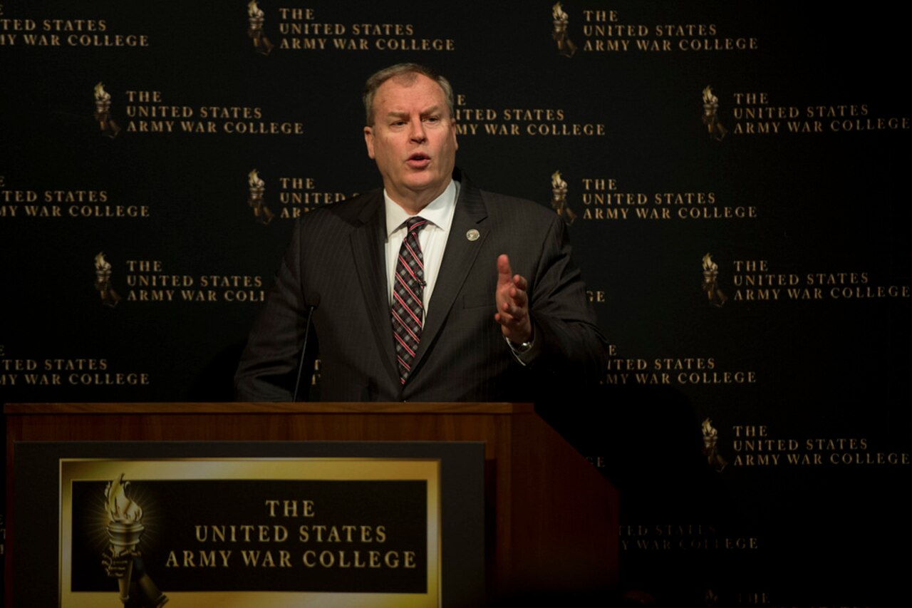 Deputy Defense Secretary Bob Work makes remarks at the Army War College at Carlisle Barracks, Pa., April 8, 2015. Work was invited to be a guest speaker. DoD photo by Air Force Master Sgt. Adrian Cadiz