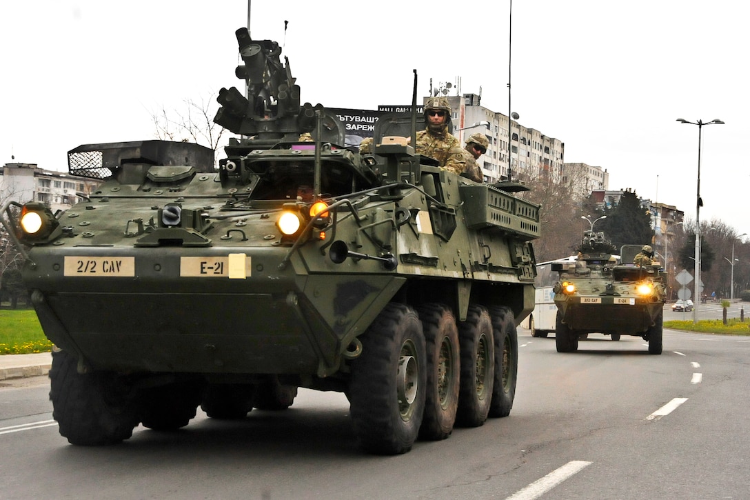 U.S. soldiers in Stryker Combat Vehicles conduct a 97-kilometer convoy to the Novo Selo Training Area in Bulgaria, March 29, 2015.