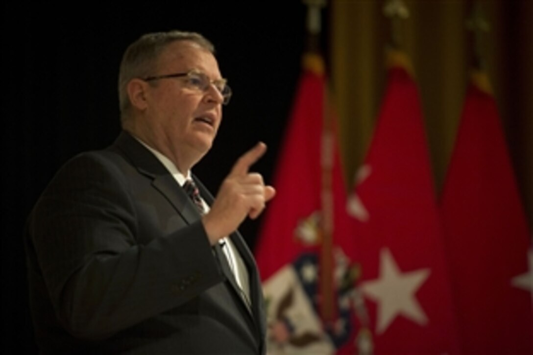 Deputy Defense Secretary Bob Work makes remarks on international security and the future defense strategy during a speech at the Army War College at Carlisle Barracks, Pa., April 8, 2015. 