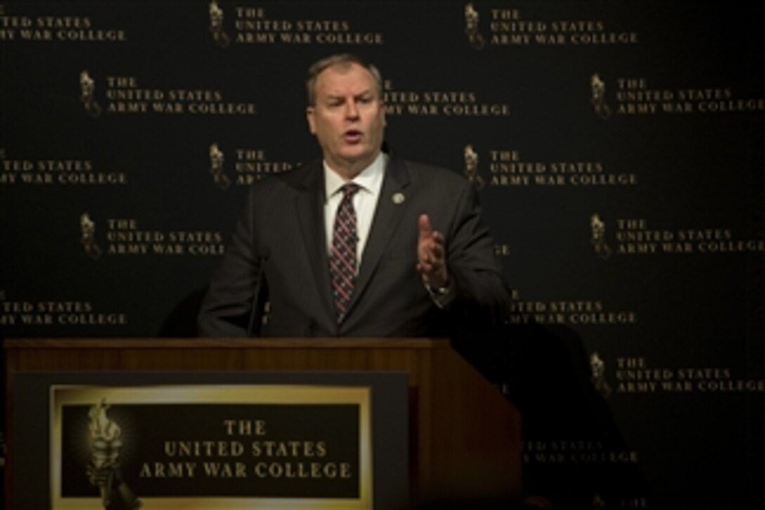 Deputy Defense Secretary Bob Work delivers remarks on international security and the future defense strategy during a speech at the Army War College at Carlisle Barracks, Pa., April 8, 2015. 

