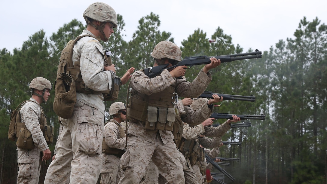 Marines with 2nd Intelligence Battalion conduct a series of fire with the M1014 Joint Service Combat Shotgun during a live-fire range aboard Marine Corps Base Camp Lejeune, N.C., April 2, 2015. Marines conducted the range to familiarize themselves with the weapon system as well as bolster their confidence in employing it. 