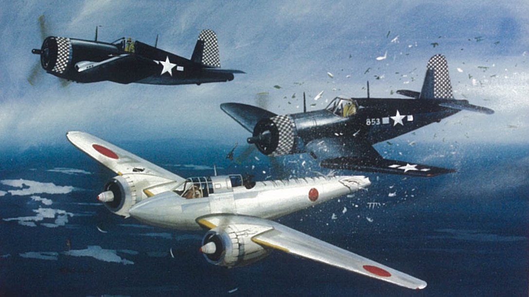 Robert “Bob” Klingman flew his F4U Corsair with Marine Fighter Attack Squadron 312 in support of the Battle of Okinawa near the close of World War II. During operations he  flew into Marine Corps history when he used his propellor to chop off the tail of Japanese aircraft.
