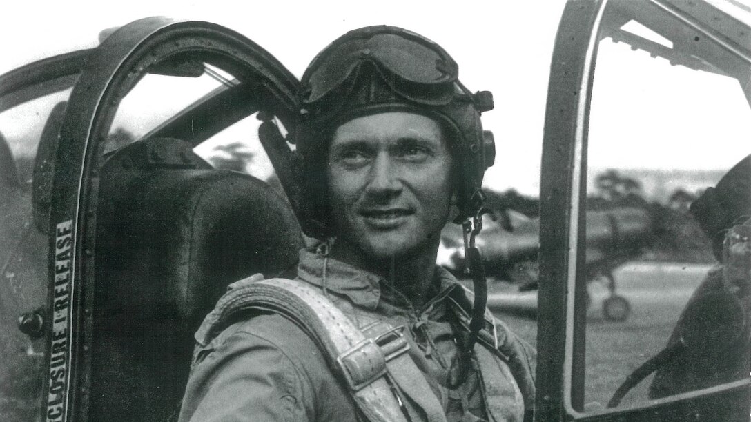 Robert “Bob” Klingman flew his F4U Corsair with Marine Fighter Attack Squadron 312 in support of the Battle of Okinawa near the close of World War II. During operations he  flew into Marine Corps history when he used his propellor to chop off the tail of Japanese aircraft.