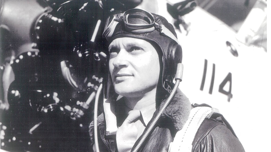 Robert “Bob” Klingman flew his F4U Corsair with Marine Fighter Attack Squadron 312 in support of the Battle of Okinawa near the close of World War II. During operations he  flew into Marine Corps history when he used his propellor to chop off the tail of Japanese aircraft.