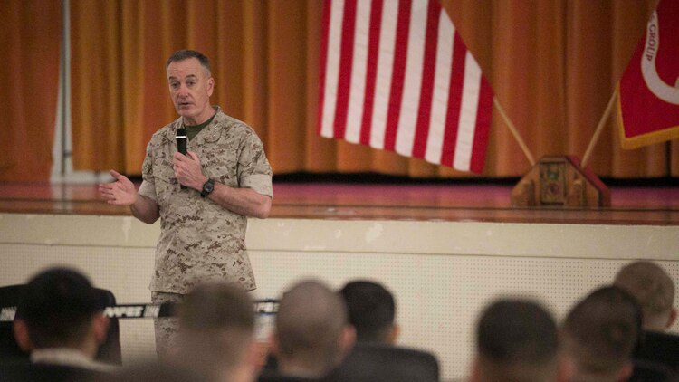 Gen. Joseph Dunford, the Commandant of the Marine Corps, speaks with Marines on Camp Hansen, Okinawa, March 26. Dunford traveled to the Marine bases on Okinawa from March 24 to the 26 to talk with Marines about his expectations for the Marines and the Corps. “My priorities are to make sure we have the warfighting capabilities we need, to address the maturity of our leaders and to make sure they have the training, education and the experience that they need to be successful on the battlefield,” said Dunford. (U.S. Marine Corps Photo by Cpl. Thor J. Larson/Released)