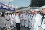 DA NANG Vietnam (Apr. 9, 2015) - Secretary of the Navy Ray Mabus speaks with Sailors aboard the littoral combat ship USS Fort Worth (LCS 3) during Naval Engagement Activity (NEA) Vietnam 2015. Mabus highlighted the importance of exchanges like NEA in fostering relationships and strengthening maritime partnerships. In its sixth year, NEA Vietnam is designed to foster mutual understanding, build confidence in the maritime domain and strengthen relationships between the U.S. Navy, Vietnam People's Navy and the local community. (U.S. Navy photo by MC2 Conor Minto/Released)