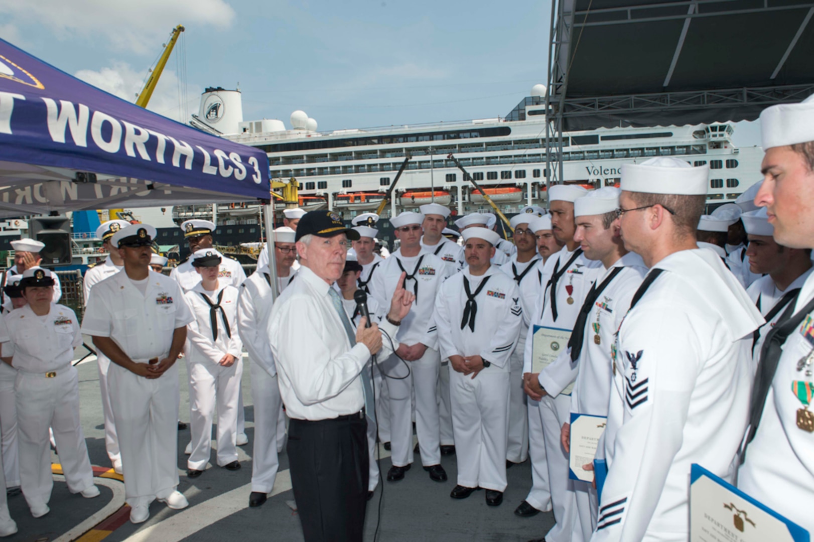 DA NANG Vietnam (Apr. 9, 2015) - Secretary of the Navy Ray Mabus speaks with Sailors aboard the littoral combat ship USS Fort Worth (LCS 3) during Naval Engagement Activity (NEA) Vietnam 2015. Mabus highlighted the importance of exchanges like NEA in fostering relationships and strengthening maritime partnerships. In its sixth year, NEA Vietnam is designed to foster mutual understanding, build confidence in the maritime domain and strengthen relationships between the U.S. Navy, Vietnam People's Navy and the local community. (U.S. Navy photo by MC2 Conor Minto/Released)