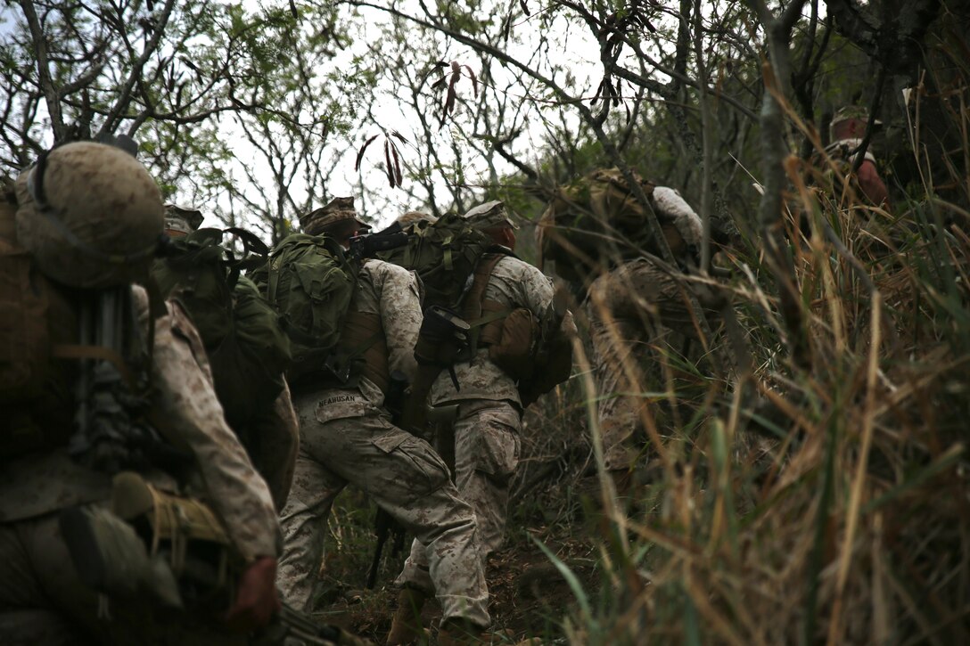 Marine scout snipers with Weapons Company, 2nd Battalion, 3rd Marine Regiment, hike up Ulupau Crater at Range 10 aboard Marine Corps Base Hawaii, April 8, 2015. The training was different from their typical flat-level or slight elevation ranges. The high angle is considered anything 30 degrees or greater.
