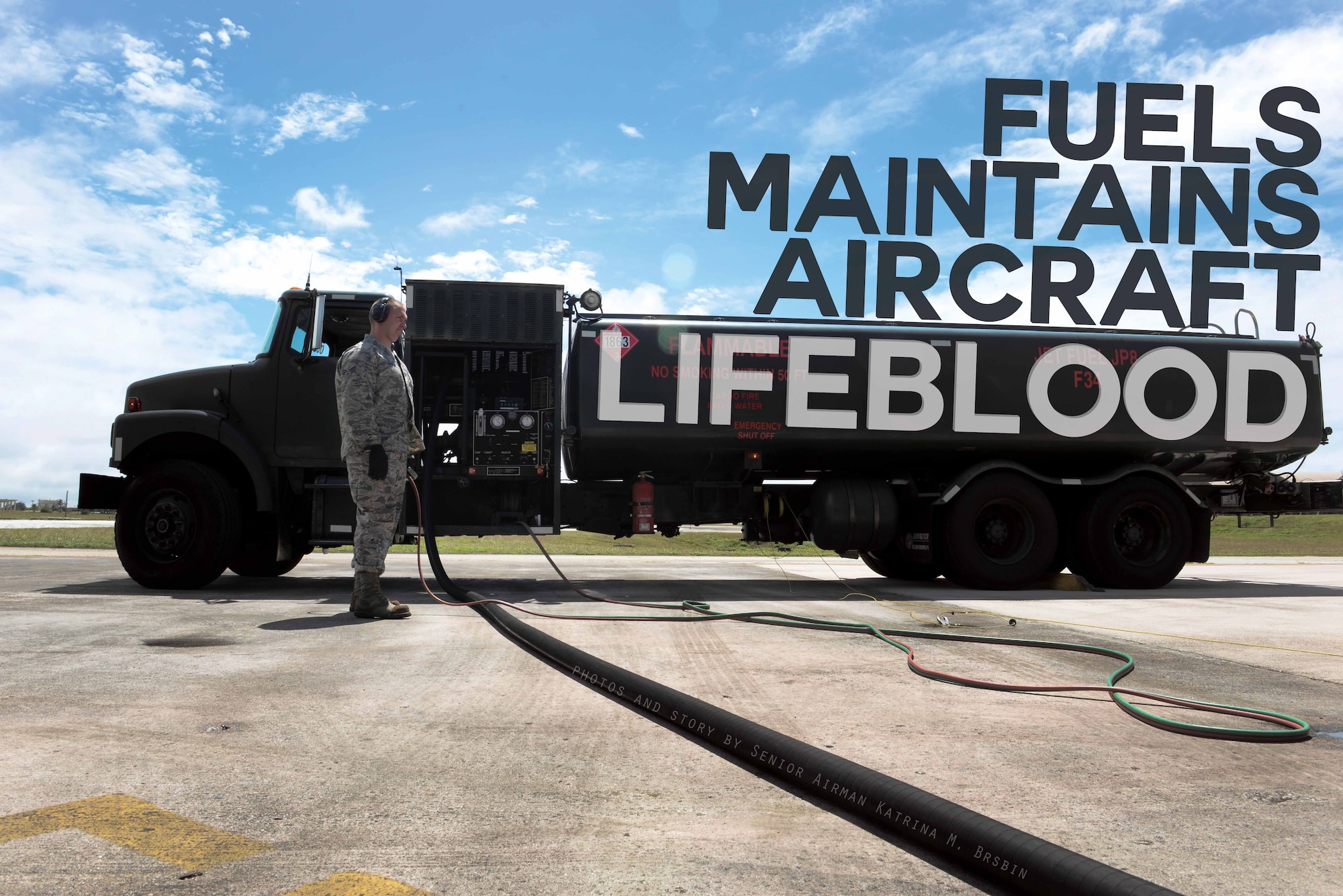Senior Airman Jeffrey Reed, 36th Logistics Readiness Squadron fuels distribution operator, observes an aircraft being fueled April 8, 2015, at Andersen Air Force Base, Guam. More than 67 logistics readiness squadron Airmen work together in the fuels management flight to pump an average of 115,000 gallons of fuel per day. (U.S. Air Force illustration by Senior Airman Katrina M. Brisbin/Released)