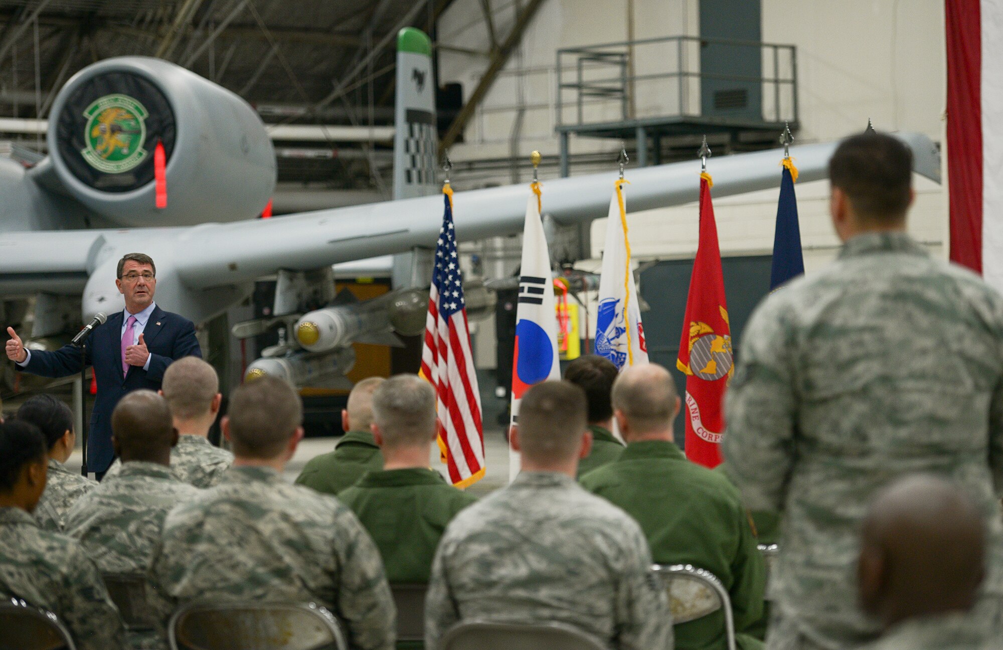 Secretary of Defense Ashton Carter answers a question from an Airman during a brief stop at Osan Air Base, Republic of Korea, April 9, 2015. Carter addressed questions from the audience about retirement pay and changing promotion criteria. (U.S. Air Force photo by Staff Sgt. Jake Barreiro/Released)