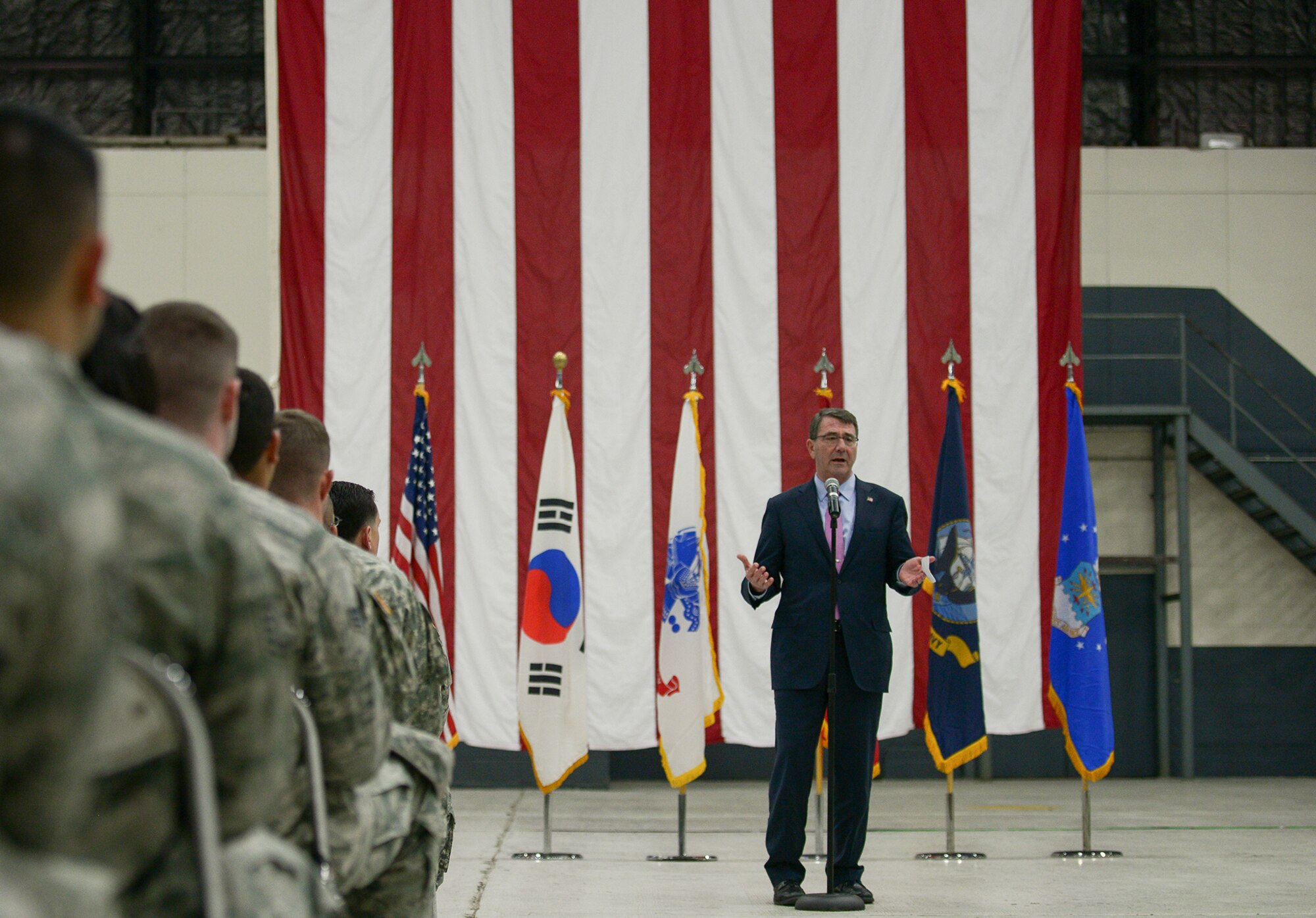 Secretary of Defense Ashton Carter speaks to a crowd of service members April 9, 2015, at Osan Air Base, Republic of Korea. Carter briefly spoke about the importance of the United States' role in Asia before taking questions from the crowd. (U.S. Air Force photo by Staff Sgt. Jake Barreiro/Released)