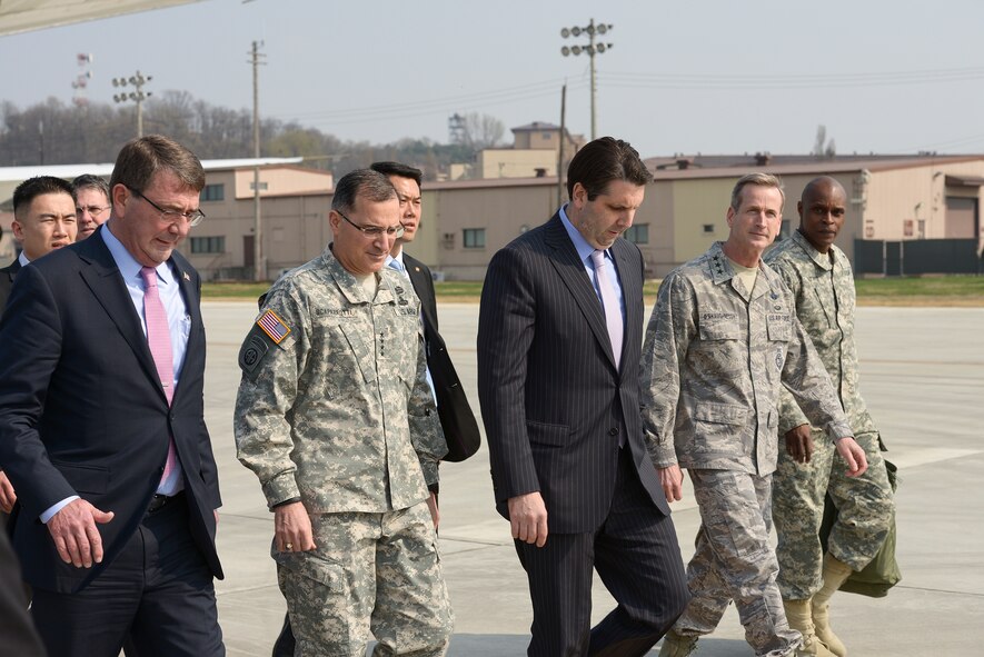 Secretary of Defense Ashton Carter arrives at Osan Air Base, Republic of Korea April 9, 2015. Carter visited Osan AB as part of a tour around the Pacific region. (U.S. Air Force photo by Staff Sgt. Jake Barreiro/Released)