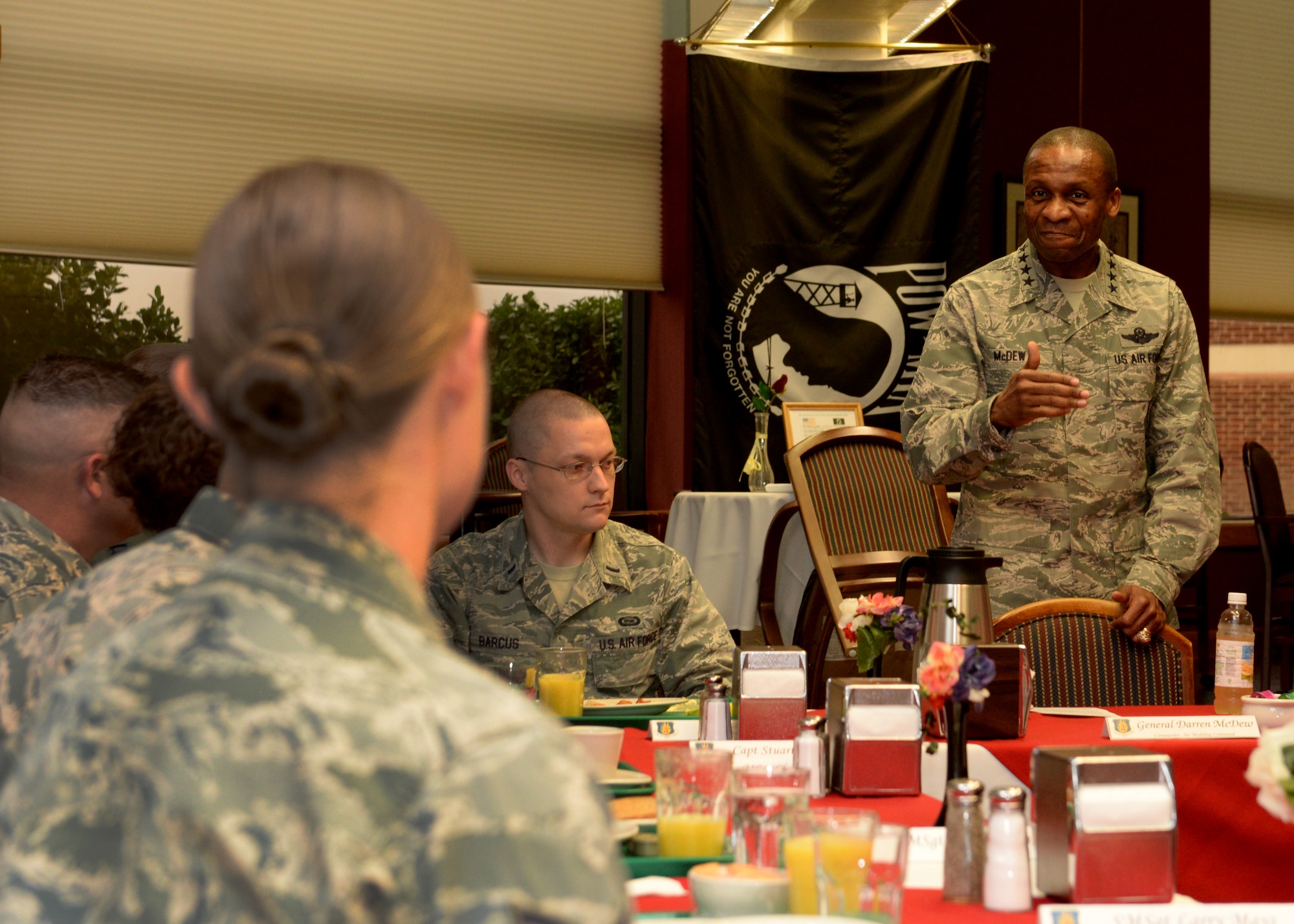 ALTUS AIR FORCE BASE, Okla. – U.S. Air Force Gen. Darren McDew, Air Mobility Command commander, answers questions during breakfast with Airmen at the Solar Inn, April 8, 2015. Airmen from several squadrons had the opportunity to eat breakfast with McDew as he answered questions on several topics. (U.S. Air Force photo by Airman 1st Class Nathan Clark/Released)