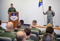 Lt. Col. James Blanchard, left, 582nd Operations Support Squadron commander, speaks during the 582nd OSS, Detachment 4, assumption of command ceremony at Malmstrom Air Force Base April 7, 2015. The 582nd OSS will report to the first ever Air Force helicopter group that was activated March of this year at 20th Air Force. (U.S. Air Force photo/ Airman 1st Class Dillon Johnston)