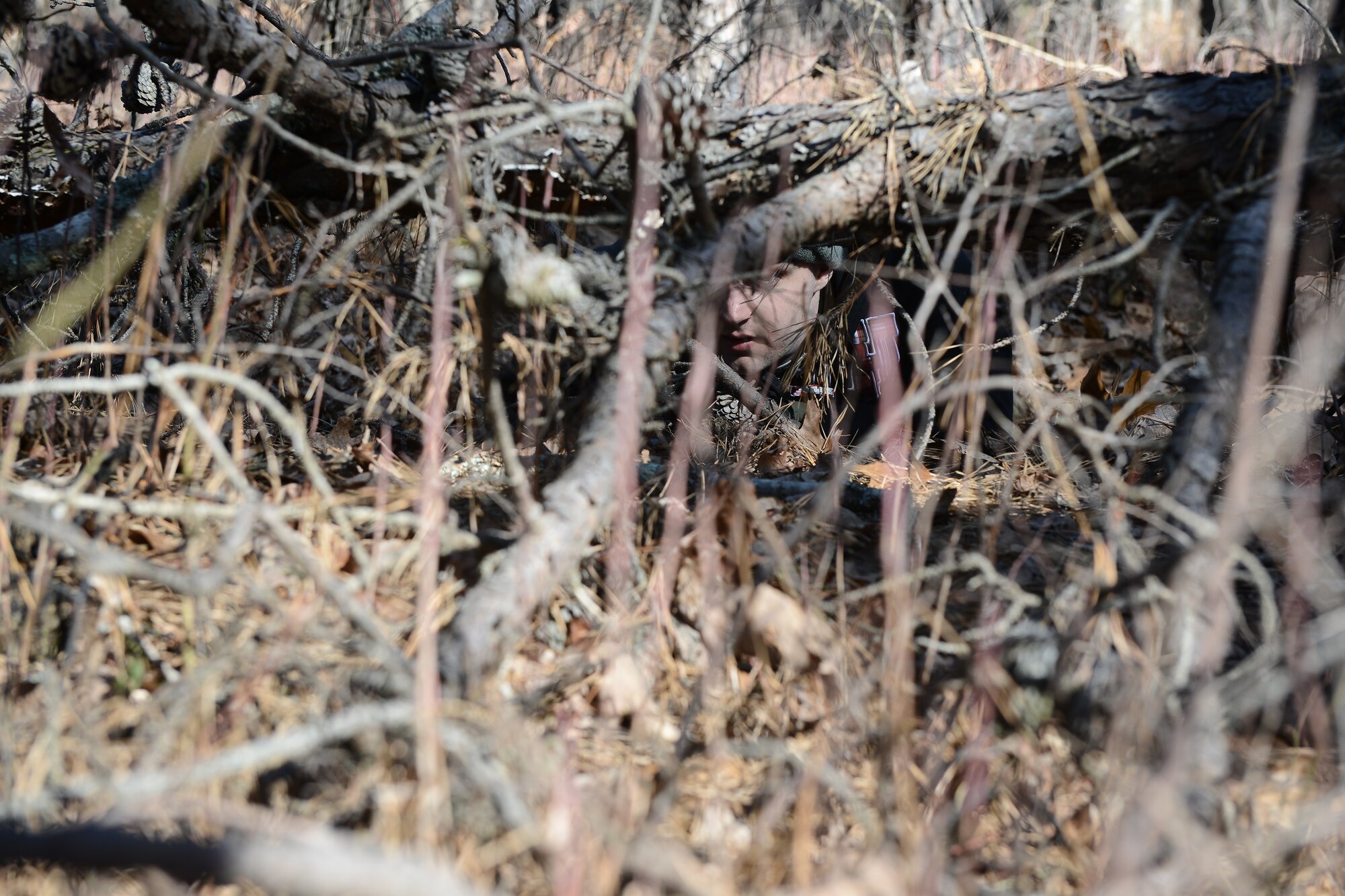 Senior Airman Adam Kwietniak, 6th Airlift Squadron loadmaster, hides while evading through the woods during a Survival, Evasion, Resistance and Escape exercise on Joint Base McGuire-Dix-Lakehurst, N.J., March 18, 2015. The exercise consisted of four air crew members evading a reaching an extraction point. (U.S. Air Force photo by Airman 1st Class Joshua King/Released)