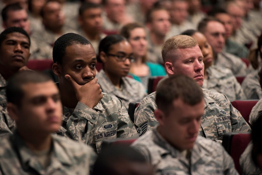 U.S. Air Force Airmen listen to Chief Master Sgt. of the Air Force James A. Cody speak during an all-call at Sheppard Air Force Base, Texas, April 8, 2015. Cody and his wife, retired Chief Master Sgt. Athena Cody, toured Sheppard to meet with Airmen, thank them for what they do and answer their questions. The Airmen had the opportunity to ask questions about current Air Force issues or other career development concerns relevant to today’s younger generation of Airmen. (U.S. Air Force photo by Senior Airman Kyle Gese/Released)
