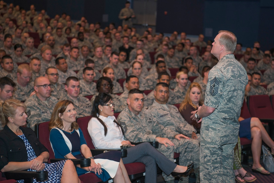 Chief Master Sgt. of the Air Force James A. Cody spoke to Airmen at Sheppard Air Force Base, Texas, during an all-call April 8, 2015. Cody and his wife, retired Chief Master Sgt. Athena Cody, toured Sheppard to meet with Airmen, thank them for what they do and answer their questions. (U.S. Air Force photo by Senior Airman Kyle Gese/Released)

