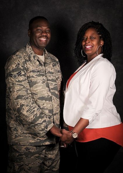 Airman 1st Class Karlton Minter, 5th Medical Operations Squadron emergency medical technician, stands with his wife Essence Minter on Minot Air Force Base, N.D., March 31, 2015. Upon learning his wife’s kidney function was below 15 percent, due to the effects of polycystic kidney disease, Minter volunteered to go under the knife and give her one of his kidneys. (U.S. Air Force photo/Senior Airman Stephanie Morris)