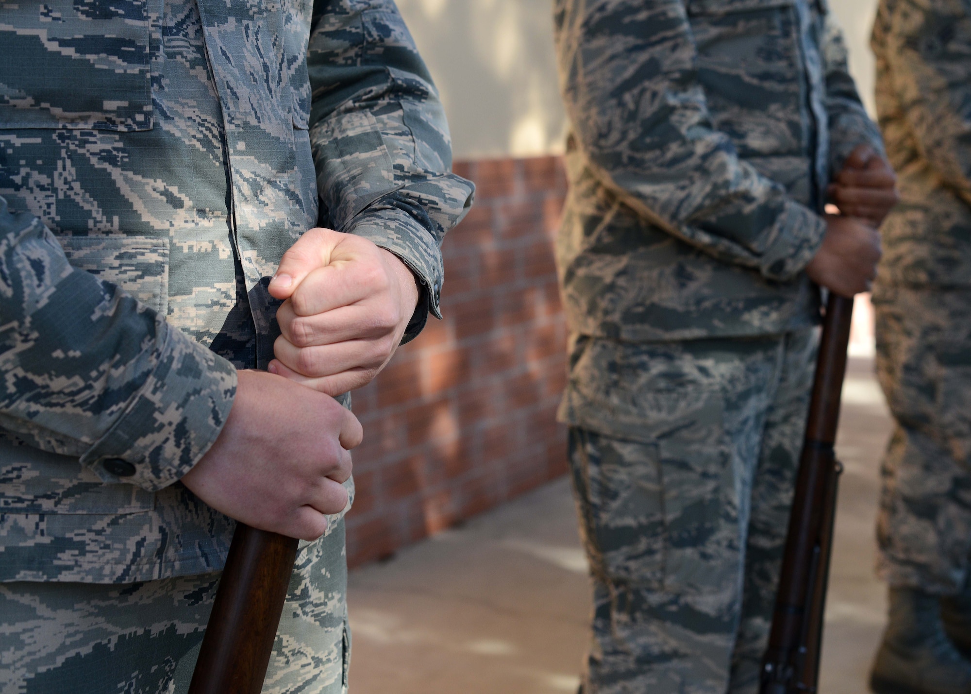 Members of the 31st Fighter Wing honor guard stand at parade rest during practice, April, 8, 2015, at Aviano Air Base, Italy. Honor guard members must display exceptional appearance, military bearing and a motivated attitude. (U.S. Air Force photo by Airman 1st Class Deana Heitzman/Released)  