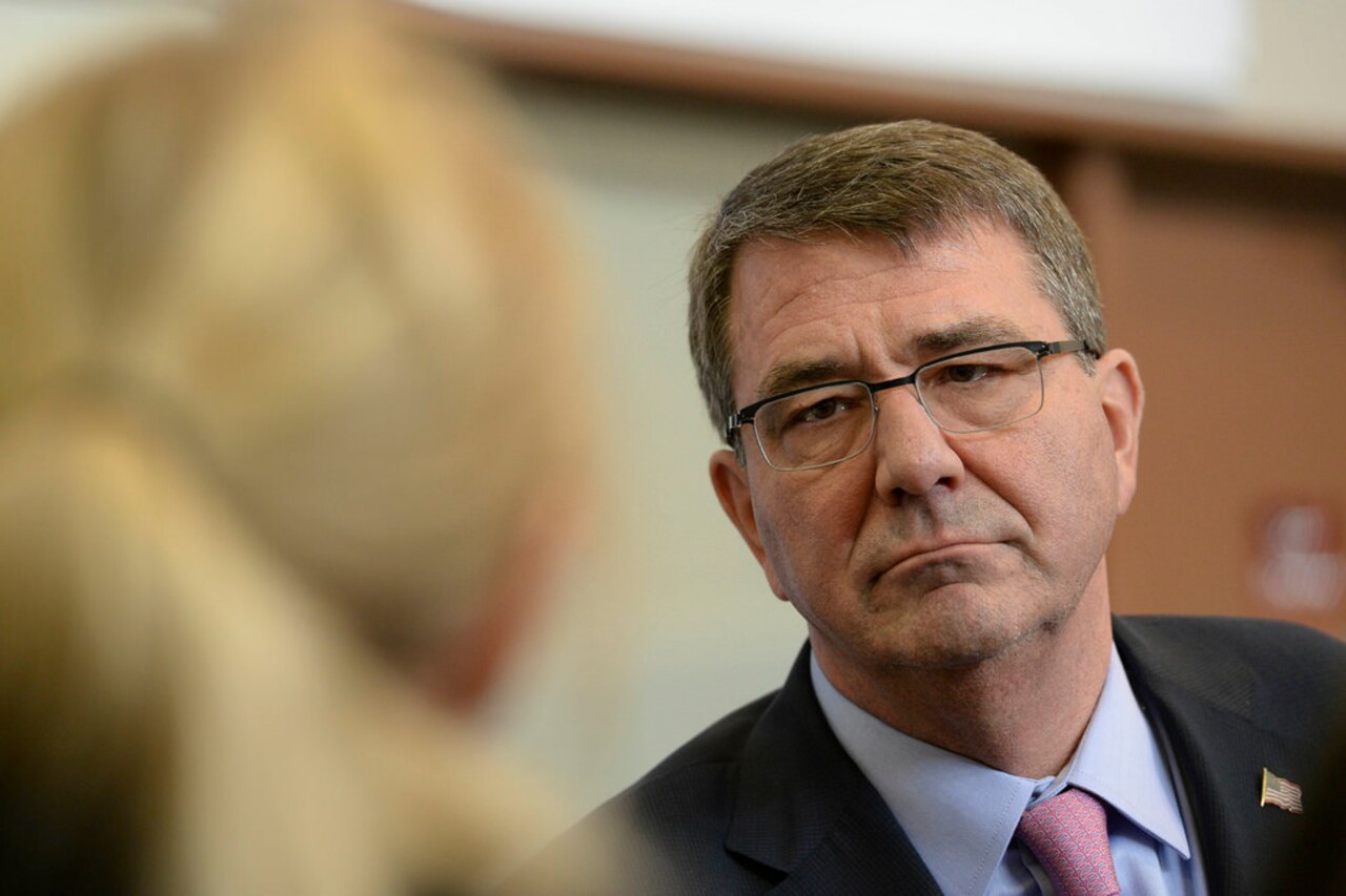 Secretary of Defense Ash Carter holds a press conference at Yokota Air Base in Japan. Carter visited service members and their families there to observe the Month of the Military Child. Carter is on a visit to the U.S. Pacific Command area of responsibility to strengthen and modernize U.S. alliances in the region. DoD photo by Navy Petty Officer 2nd Class Sean Hurt