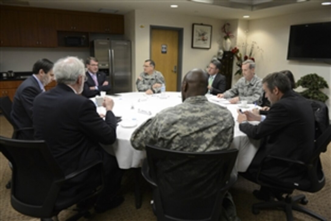 U.S. Defense Secretary Ash Carter meets with U.S. Ambassador to South Korea Mark Lippert at the Distinguished Visitors Lounge on Osan Air Base in South Korea, April 9, 2015. Carter is on a visit to the Asia-Pacific region to strengthen ties and reaffirm commitment to the rebalance.