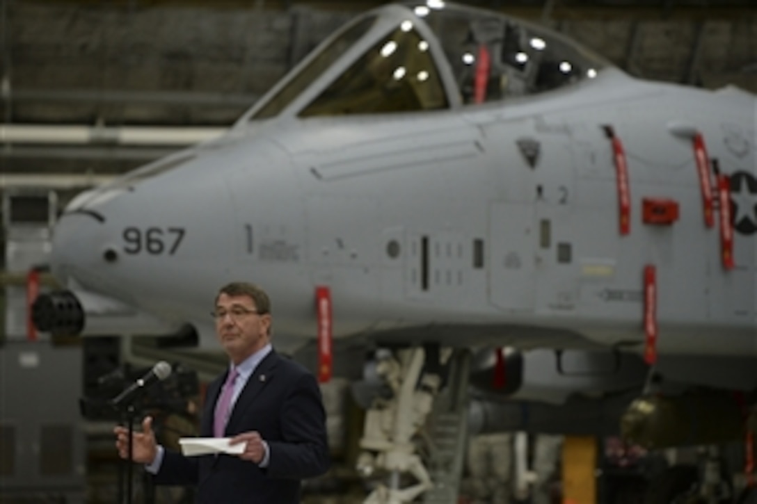 U.S. Defense Secretary Ash Carter speaks to service members during a troop event on Osan Air Base in South Korea, April 9, 2015. Carter is on a visit to the U.S. Pacific Command Area of Responsibility to make observations for the future force and the rebalance to the Pacific.