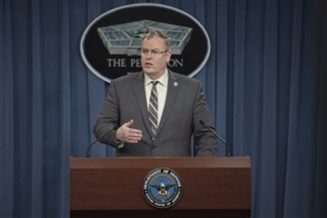 Deputy Defense Secretary Bob Work speaks during a news briefing on innovation and Better Buying Power 3.0 at the Pentagon, April 9, 2015. Work and Undersecretary of Defense for Acquisition, Technology and Logistics Frank Kendall conducted the briefing.