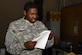 Private First Class Telly, turn-in and shipping section clerk, verifies and validates the required documentation for a recoverable/repairable part at an undisclosed location in Southwest Asia April 6, 2015. The procedure of verifying and validating the required documentation dispenses efficiency in the shipping procedure. Telly is currently deployed from Fort Bragg, N.C. (U.S. Air Force photo/Tech. Sgt. Marie Brown/RELEASED)