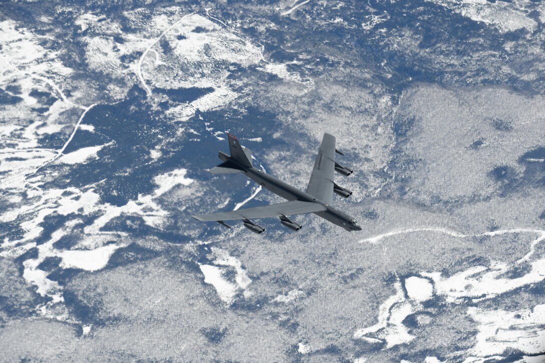A B-52H Stratofortress from Barksdale Air Force Base, La., breaks away after receiving fuel from a New Hampshire Air National Guard KC-135R Stratotanker April 2, 2015, near the eastern coast of Canada.  The B-52H was returning home after supporting a U.S. Strategic Command-directed mission to the Arctic and North Sea regions called Polar Growl. (Air National Guard photo/Airman Ashlyn J. Correia)                                                                                                                                                                                   