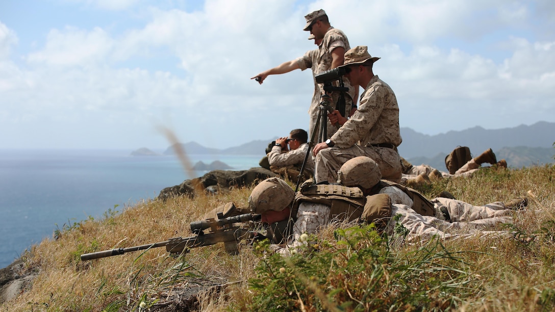 Marine scout snipers with Weapons Company, 2nd Battalion, 3rd Marine Regiment, conduct high angle shooting on Range 10 aboard Marine Corps Base Hawaii April 8, 2015. The training was different from their typical flat level or slight elevation ranges. The high angle is considered anything 30 degrees or greater. (U.S. Marine Corps photo by Sgt. Sarah Dietz)
