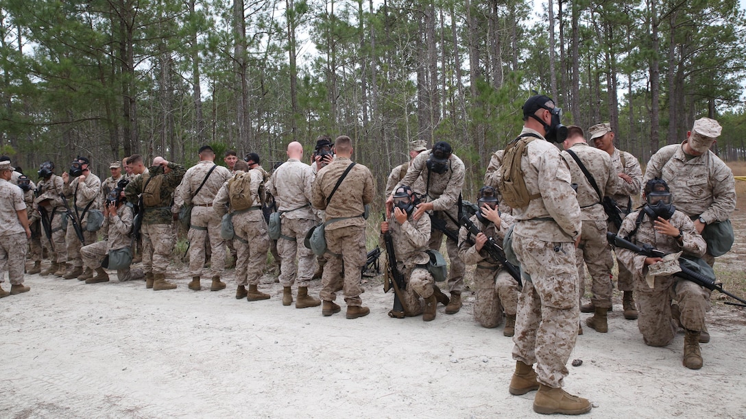 Marines with 2nd Intelligence Battalion adjust their M50 joint service general purpose mask during a battalion field exercise aboard Marine Corps Base Camp Lejeune, North Carolina, April 7, 2015. Marines with the unit received annual training classes including the basic chemical, biological, radiological and nuclear defense course, which fulfilled their gas mask qualification requirement.