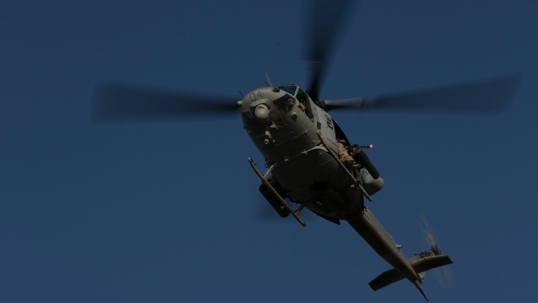 A U.S. Marine Corps UH-1Y Huey participates in a heavy Huey raid exercise during Weapons and Tactics Instructor (WTI) Course 2-15 at Yuma Proving Grounds near Yuma, Ariz., April 8, 2015. WTI is a seven-week event hosted by Marine Aviation Weapons and Tactics Squadron One (MAWTS-1) cadre. MAWTS-1 provides standardized tactical training and certification of unit instructor qualifications to support Marine aviation Training and Readiness and assists in developing and employing aviation weapons and tactics. 