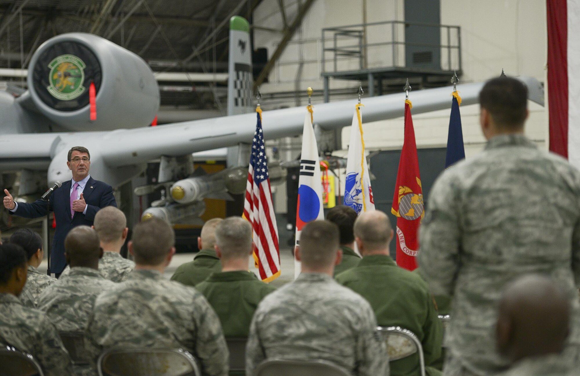 Secretary of Defense Ash Carter answers a question from an Airman at Osan Air Base, South Korea, April 9, 2015. Carter addressed questions from the audience about retirement pay and changing promotion criteria. (U.S. Air Force photo/Staff Sgt. Jake Barreiro)