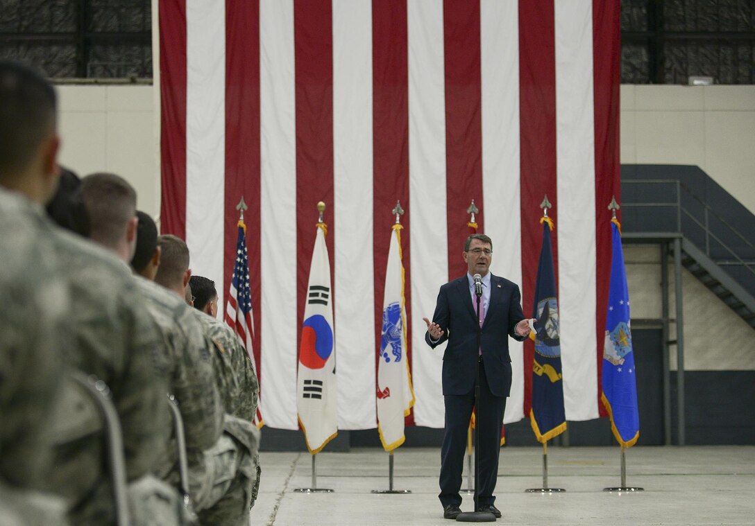 Secretary of Defense Ash Carter speaks to a crowd of service members April 9, 2015, at Osan Air Base, South Korea. Carter briefly spoke about the importance of the United States' role in Asia before taking questions from the audience. (U.S. Air Force photo /Staff Sgt. Jake Barreiro)