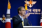 In this photo, U.S. Defense Secretary Ash Carter speaks at a joint press conference with South Korean Defense Minister Han Min Koo at the Ministry of National Defense in Seoul, South Korea, April 10, 2015. Carter is on a visit to the U.S. Pacific Command Area of Responsibility to make observations for the future force and the rebalance to the Pacific.  