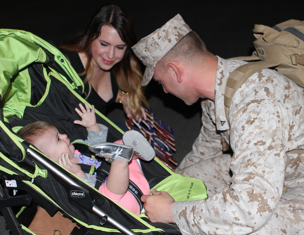 Families, friends and coworkers welcome home 100 Marines and Sailors from the command and logistics combat elements who deployed with the Special Purpose Marine Air Ground Task Force – Crisis Response – Central Command on Camp Pendleton, Calif., April 5, 2015. The Marines and Sailors deployed in September 2014 and were reinforced in December 2014. The SPMAGTF-CR-CC is a crisis response force that has the flexibility to quickly adapt to rapidly changing environments.