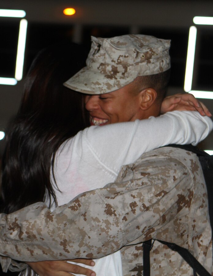 Families, friends and coworkers welcome home 100 Marines and Sailors from the command and logistics combat elements who deployed with the Special Purpose Marine Air Ground Task Force – Crisis Response – Central Command on Camp Pendleton, Calif., April 5, 2015. The Marines and Sailors deployed in September 2014 and were reinforced in December 2014. The SPMAGTF-CR-CC is a crisis response force that has the flexibility to quickly adapt to rapidly changing environments.