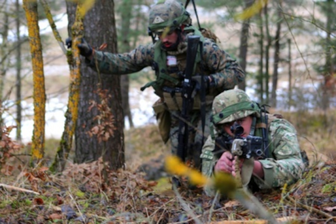 U.S. Marines and soldiers from the Republic of Georgia conduct a squad-patrol and Close Air Support (CAS) familiarity exercise as part of the Georgia Deployment Program- ISAF at the Joint Multinational Readiness Center in Hohenfels, Germany, Feb. 10, 2014. What was formerly known as GDPI has now transitioned to Resolute Support Mission, in which Georgian soldiers and Marines focus on training, advising and assisting Afghan Security forces in ensuring stability and security in the region. 