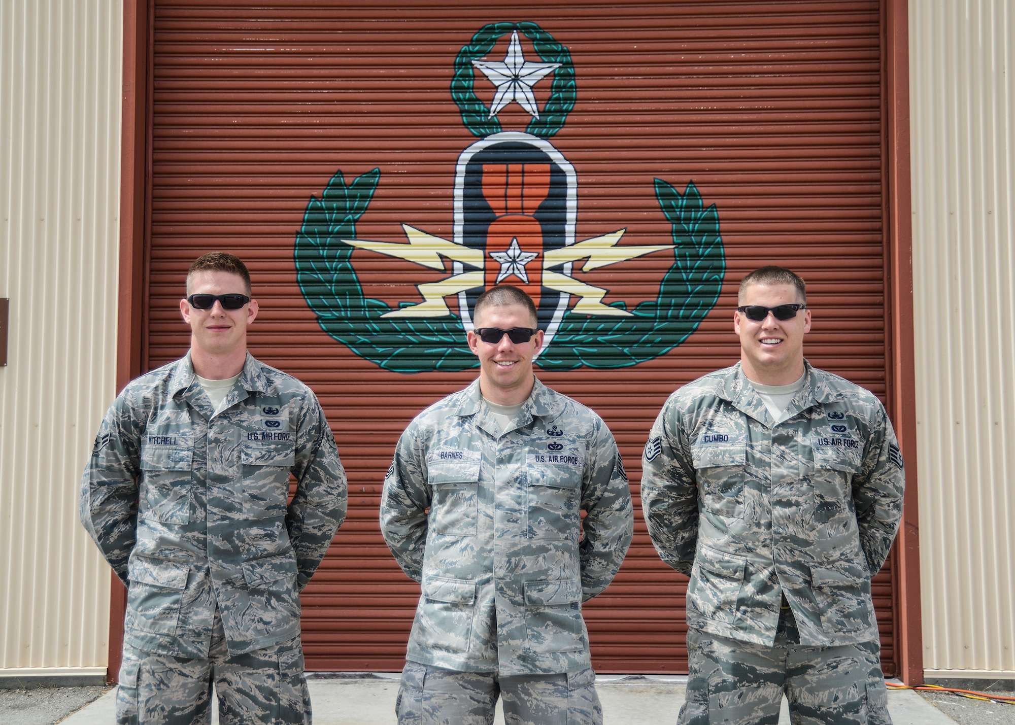 Airman 1st Class Max Mitchell, Tech. Sgt. Gabriel Barnes and Staff Sgt. Jacob Cumbo of the 412th Civil Engineering Explosive Ordnance Disposal Flight, were dispatched to California City April 2 after being contacted by the police of unexploded ordnance that discovered. (U.S. Air Force photo by Rebecca Amber)