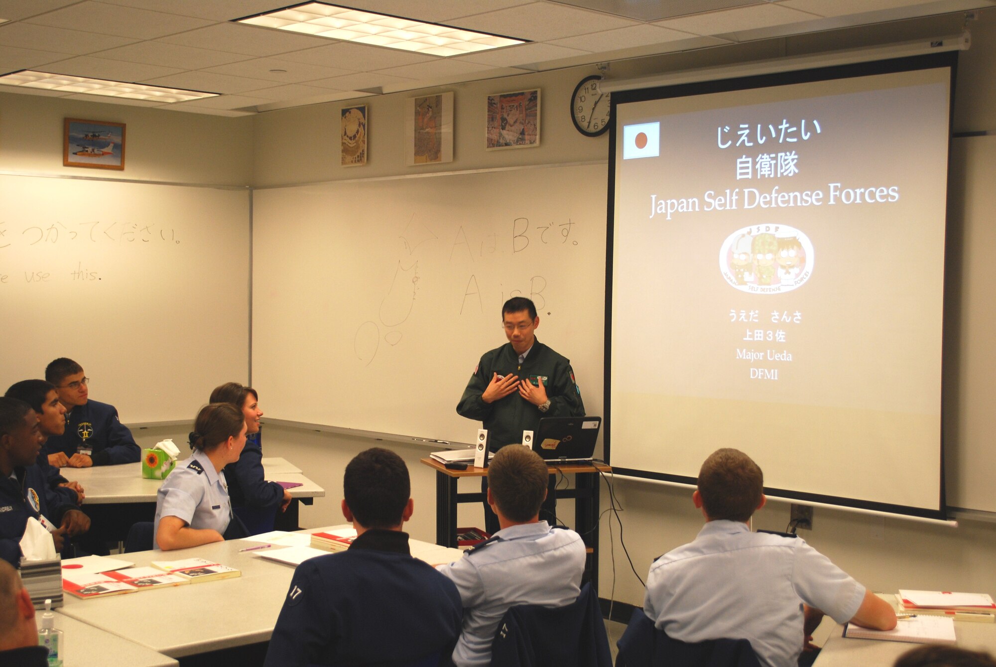 Maj. Ueda teaches military strategy and operations during a Japanese language class here. (U,S. Air Force/ courtesy photo)